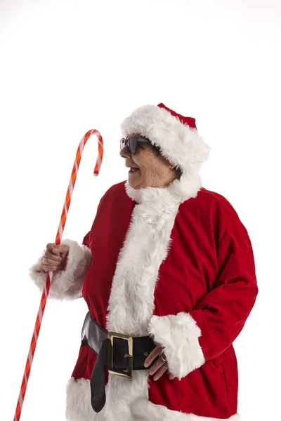 Starsza Kobieta Przebrana Świętego Mikołaja Białym Tłem — Zdjęcie stockowe
