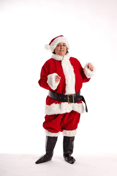 Una Donna Mezza Età Costume Babbo Natale Con Sfondo Bianco — Foto Stock