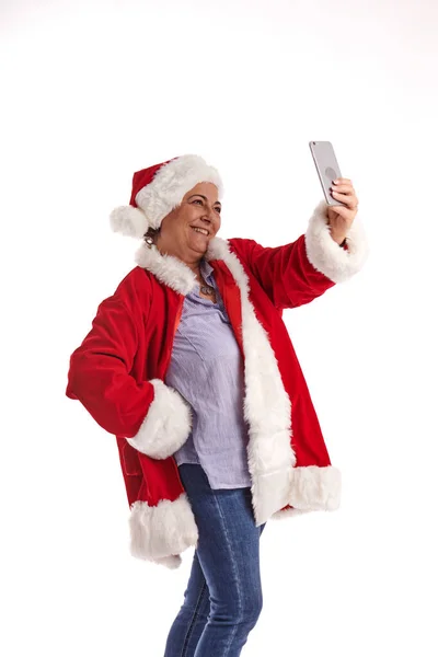 Eine Frau Mittleren Alters Weihnachtsmannkostüm Mit Weißem Hintergrund — Stockfoto