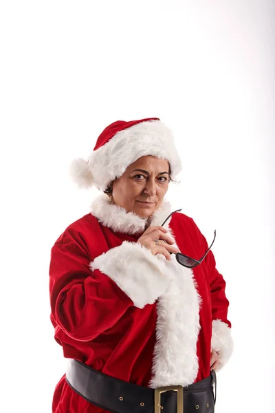 Une Femme Âge Moyen Costume Père Noël Avec Fond Blanc — Photo