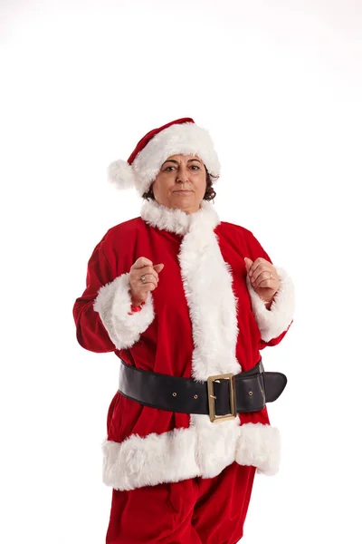 Eine Frau Mittleren Alters Weihnachtsmannkostüm Mit Weißem Hintergrund — Stockfoto