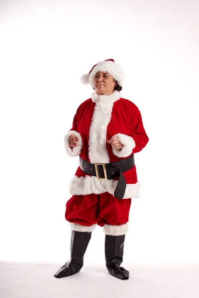 Una Donna Mezza Età Costume Babbo Natale Con Sfondo Bianco — Foto Stock