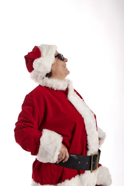 Dojrzała Kobieta Przebrana Świętego Mikołaja Okularach Przeciwsłonecznych Białym Tle — Zdjęcie stockowe