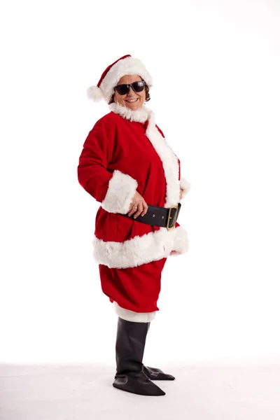 Mature Woman Dressed Santa Claus Sunglasses White Background — Stock Photo, Image