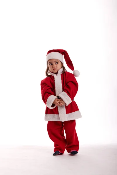 Uma Menina Vestida Papai Noel Fundo Branco — Fotografia de Stock