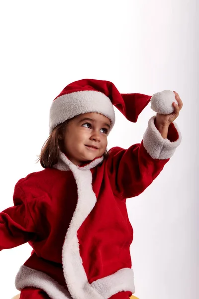 Uma Menina Vestida Papai Noel Fundo Branco — Fotografia de Stock
