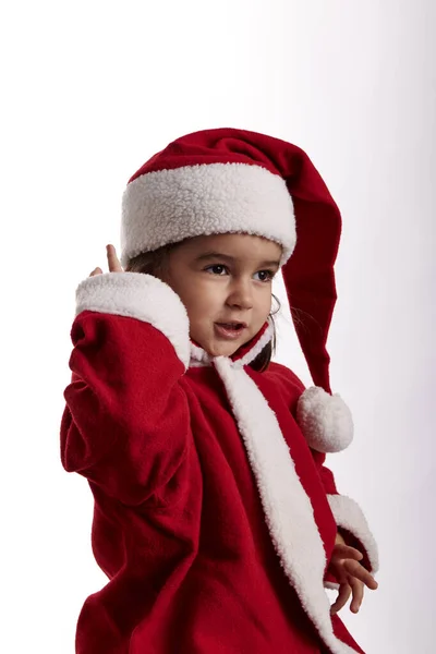 Uma Menina Vestida Papai Noel Fundo Branco — Fotografia de Stock