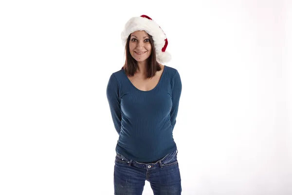 Портрет Молодой Девушки Шляпе Санта Клауса Белом Фоне — стоковое фото