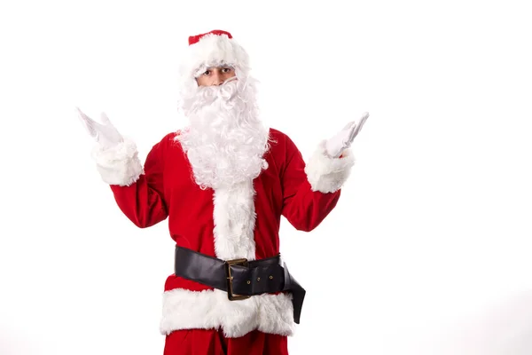 Santa Claus Haciendo Gestos Sobre Fondo Blanco —  Fotos de Stock
