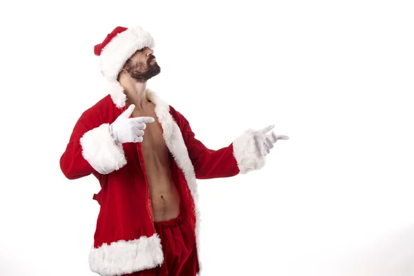 Babbo Natale Bodybuilder Mostra Suo Corpo Atletico Uno Sfondo Bianco — Foto Stock