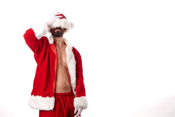 Babbo Natale Bodybuilder Mostra Suo Corpo Atletico Uno Sfondo Bianco — Foto Stock