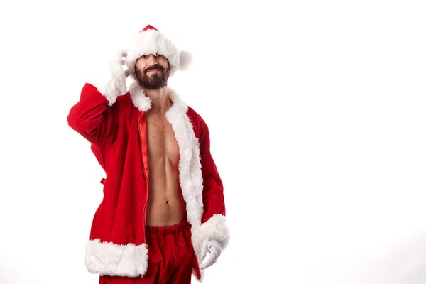 Babbo Natale Bodybuilder Mostra Suo Corpo Atletico Uno Sfondo Bianco — Foto Stock