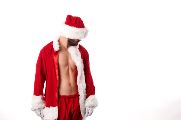 Weihnachtsmann Bodybuilder Zeigt Seinen Athletischen Körper Auf Weißem Hintergrund — Stockfoto