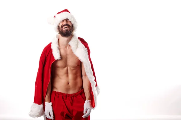 Weihnachtsmann Bodybuilder Zeigt Seinen Athletischen Körper Auf Weißem Hintergrund — Stockfoto