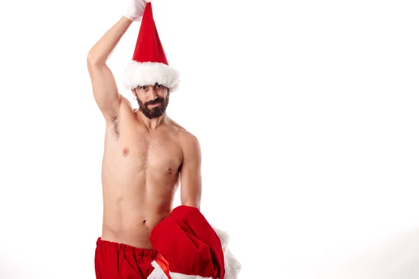 Santa Claus Bodybuilder Showing His Athletic Body White Background — Stock Photo, Image