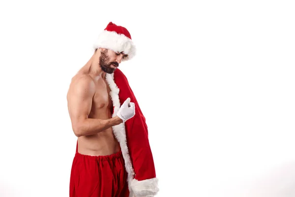 Santa Claus Bodybuilder Showing His Athletic Body White Background — Stock Photo, Image