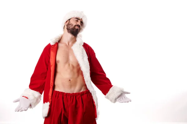 Babbo Natale Bodybuilder Mostra Suo Corpo Atletico Uno Sfondo Bianco — Foto Stock