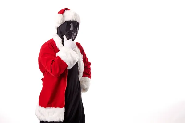 Kerstman Met Zwart Veelhoekig Masker Witte Achtergrond — Stockfoto