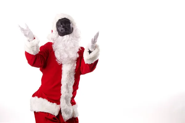 Kerstman Met Zwart Veelhoekig Masker Witte Achtergrond — Stockfoto