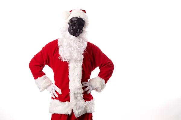 Kerstman Met Zwart Veelhoekig Masker Witte Achtergrond — Stockfoto