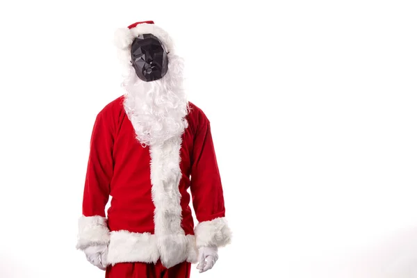 Kerstman Met Zwart Veelhoekig Masker Witte Achtergrond — Stockfoto