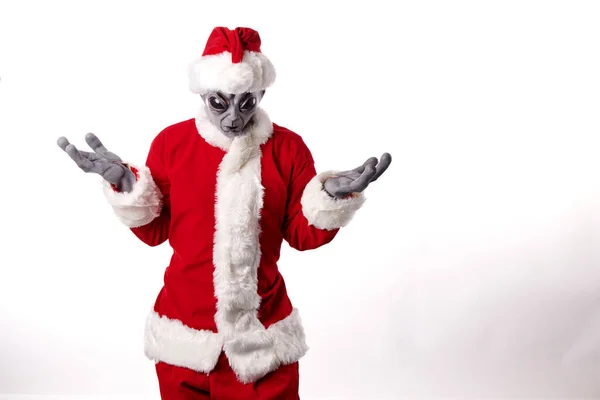 Kerstman Met Alien Masker Een Witte Achtergrond — Stockfoto