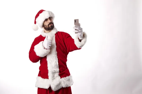 Santa Claus Brát Selfie Chytrým Telefonem Bílém Pozadí — Stock fotografie