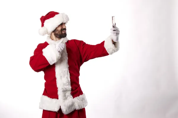 Kerstman Het Nemen Van Een Selfie Met Een Smartphone Een — Stockfoto
