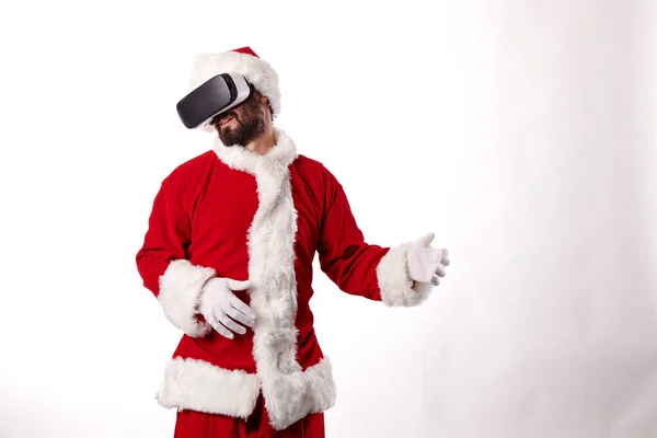 Père Noël Avec Lunettes Réalité Virtuelle Sur Fond Blanc — Photo