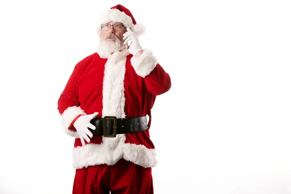Weihnachtsmann Mit Handy Auf Weißem Hintergrund — Stockfoto