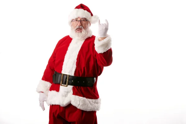 Santa Claus Maken Rocker Gebaar Witte Achtergrond — Stockfoto