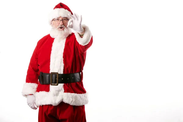 Noel Baba Beyaz Arka Planda Iyi Bir Jest Yapıyor — Stok fotoğraf