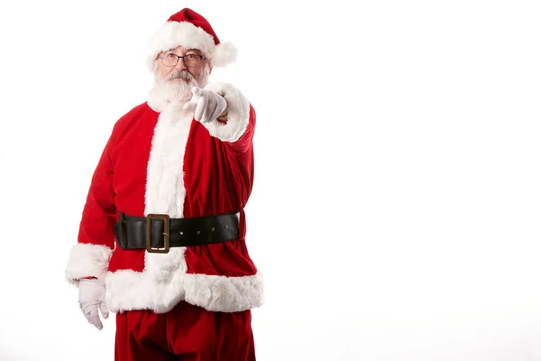 Санта Клаус Указывает Пальцем Камеру Белом Фоне — стоковое фото