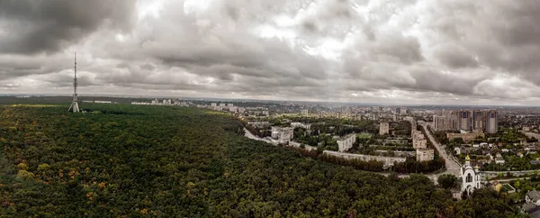 Panorama Aéreo Com Nuvens Dramáticas Acima Floresta Outono Distrito Pavlovo — Fotografia de Stock