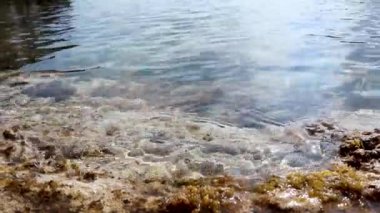 Kaya makrosu üzerinde deniz kıyısı dalgaları, Yunanistan 'da güneş gören temiz su, Ege denizi. Vahşi deniz doğası