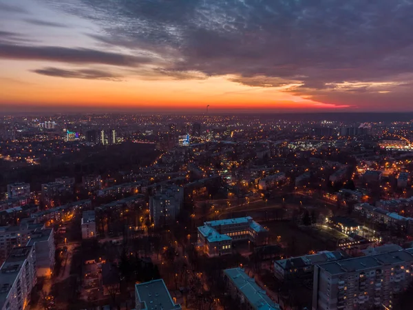 Aerial Sunset Orange Vibrant View Kharkiv City Pavlove Pole Night — Stock Photo, Image