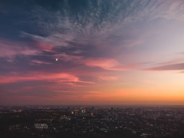 Aerial Scenic Vivid Colorful Sunset Clouds Epic Skyscape Moon Kharkiv — Stock Photo, Image