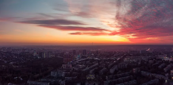 Aerea Panoramica Vivida Vista Tramonto Colorato Con Cielo Epico Kharkiv — Foto Stock
