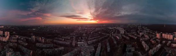 Aerial Wide Scenic Vivid Sunset Panorama View Epic Skyscape Kharkiv — Stock Photo, Image