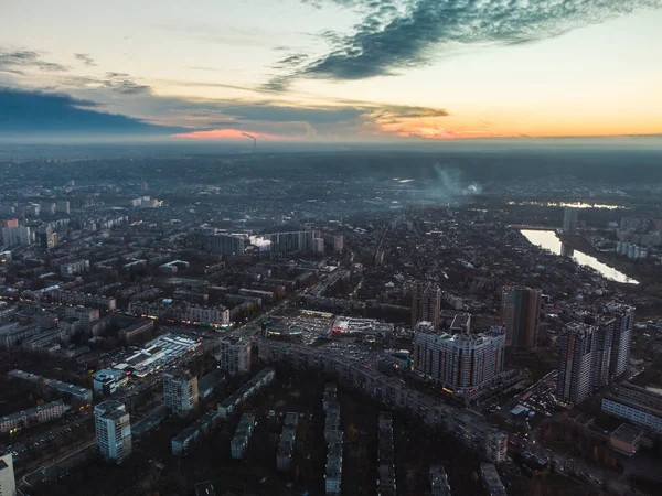 Vista Serale Tramonto Aereo Sulla Città Residenziale Kharkiv Pavlove Pole — Foto Stock