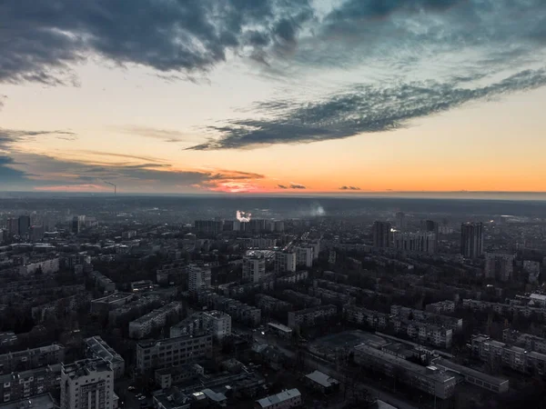 Vue Aérienne Coucher Soleil Soirée Sur Ville Résidentielle Kharkiv Pavlove — Photo