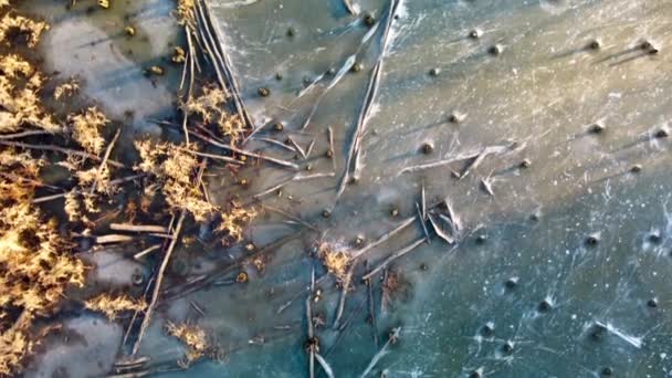 Blick Aus Der Luft Auf Den Gefrorenen Winterlichen Kleinen Wildsee — Stockvideo