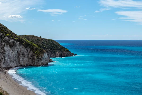 Mylos Sandy Beach Azure Vibrant Waves Coast Lefkada Island Greece — Stock Photo, Image