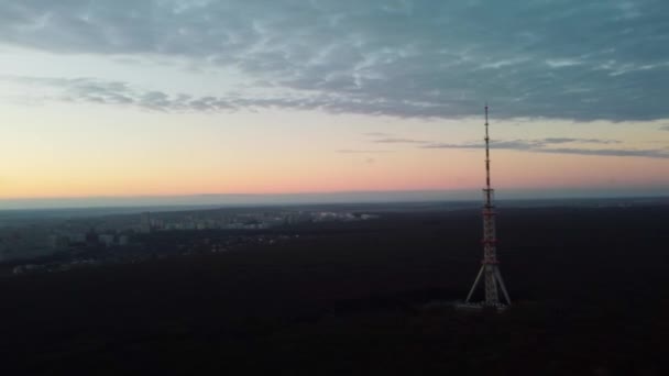 Karanlık Telekomünikasyon Kulesi Anten Silueti Bulutlu Gökyüzü Olan Ormanın Solundaki — Stok video