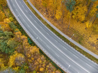 Aerial above scenic empty road curve in autumnal yellow forest. Look down on street in autumn city park. Treetop view in Kharkiv, Ukraine