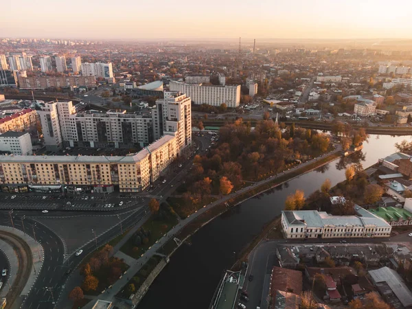 Sunny City Aerial Flight Autumn Pavlivska Square Skver Strilka River — Stok fotoğraf