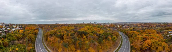 Aerial Wide Panorama Scenic Asphalt Road Radial Curve Autumnal Forest — Fotografia de Stock
