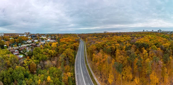 Aerial Scenic Road Autumnal Residential District Fly Street Autumn City — Fotografia de Stock