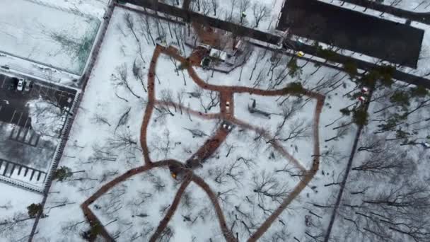 哈尔科夫市中心戈尔基中央公园冬季空中景观 在娱乐场所吸引恐龙公园 螺旋桨以逆时针方向旋转向下看 — 图库视频影像