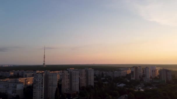 Aerial Left Right Sunrise Morning City View Multistory Buildings Telecom — ストック動画